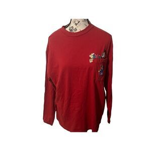 Vtg Mickey & Minnie Embroidered Pocket Love Flowers Long Sleeve Red Womens Large